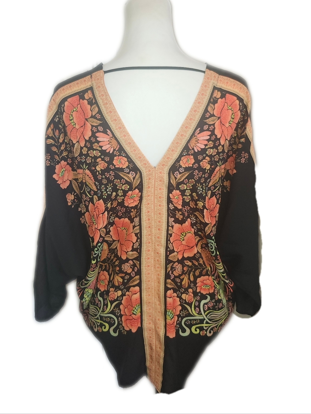 Rose + Olive Deep V-neck Front & Back, Batwing Sleeve, Black & Orange Top, M - Picture 4 of 7